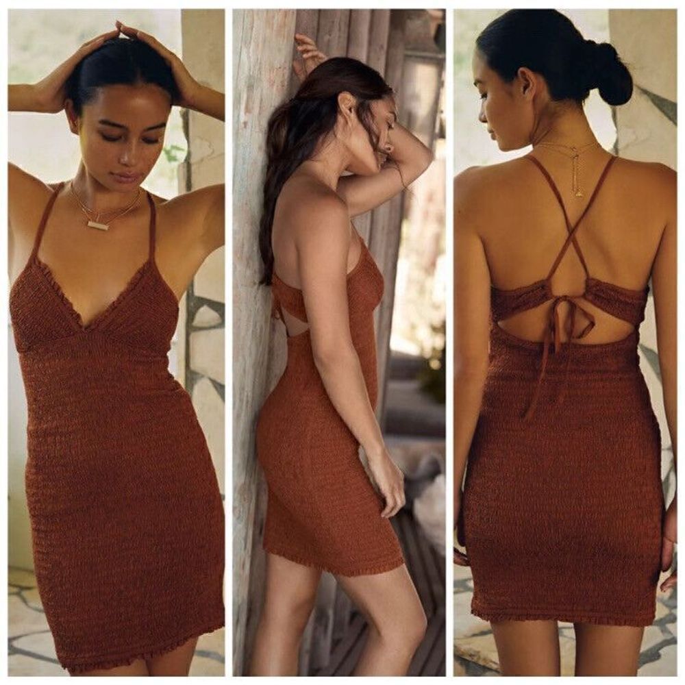 Anthropologie The Ellen Mini Dress Ruched Smocked Bodycon Sleeveless Brown L NEW - Picture 1 of 8